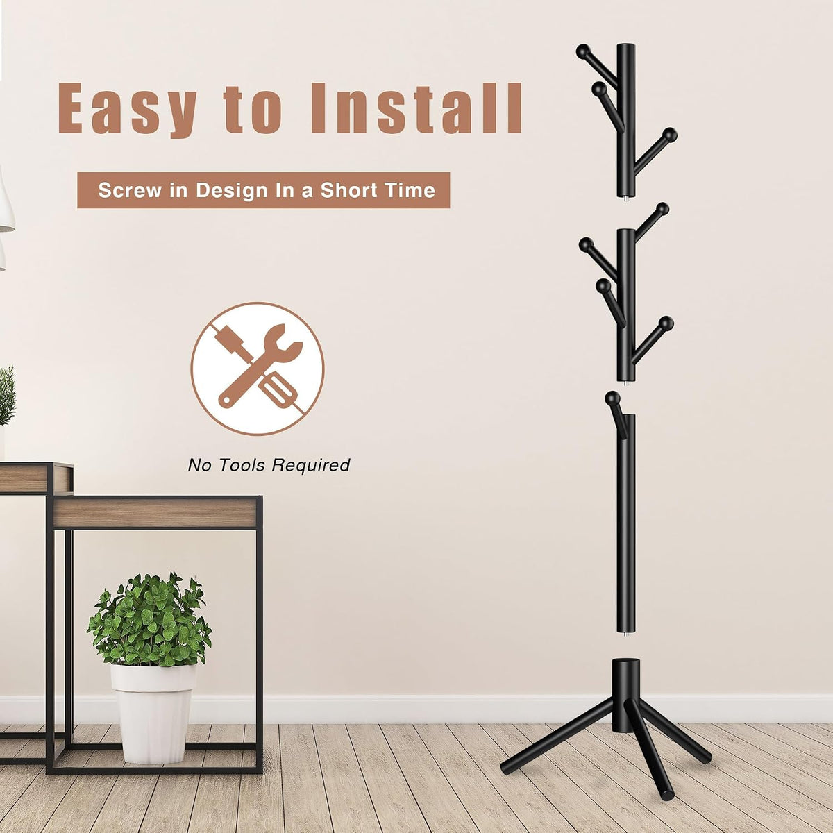 8-Hook Freestanding Coat Rack 3 Heights Safe Round Tips Black