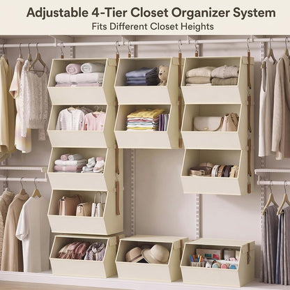 BABUFINE Hanging Closet Organizer, 4-Tier Wide Shelves with Cover, Divider