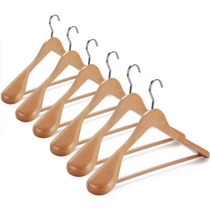 Black Wooden Coat Hanger 6 Pack, Wide Shoulder Wood Suit Hangers with Extra-Thick Flat Hooks & Anti-Slip Pants Bar, Heavy Duty Clothes Hangers,Glossy Finish, Black-CT02H
