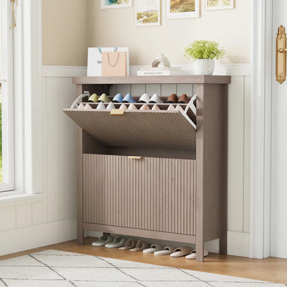 GARVEE 32.3" Narrow Wooden Shoe Storage Cabinet with 2 Flip Drawers - Slim Hidden Shoe Rack Organizer, Wall-Mount Option, Sturdy Base, Tilt-Out Design for Entryway, Small Spaces, Metal