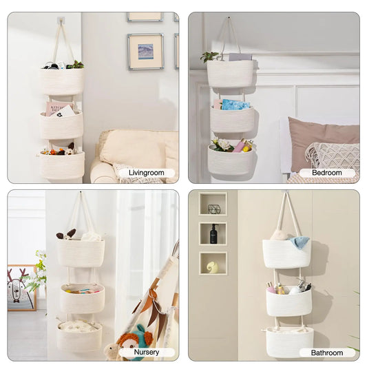 3-Tier Cotton Rope Over-the-Door Hanging Wall Basket with Hooks, No-Drill Adjustable Height Boho Home Organizer for Nursery, Bathroom, Small Apartment