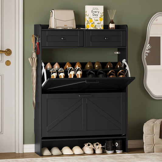 Shoe Storage Cabinet for Entryway, Farmhouse Narrow Shoe Cabinet with 2 Flip Drawers & Top Drawers, Adjustable Shelves & Hooks, Freestanding Hidden Rack Organizer for Hallway, Foyer Footwear Organization fathers day gift ideas,dorm essentials,home decor