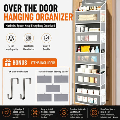 Over The Door Organizer Storage, 5 Shelf Hanging Door Organizer With 10 Large Capacity Pockets, No Drilling Required Anti Tilt 44 Lb Load Behind Door Storage For Bedroom, Bathroom, Pantry, Nursery, Child Children Nursery