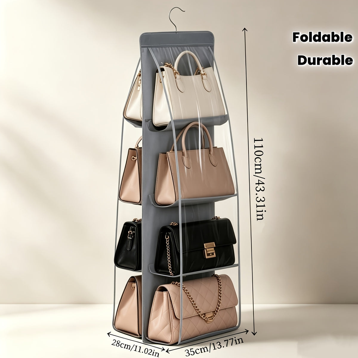 1pc Multi-Tier Handbag Organizer with 8 Pockets, Foldable Non-Woven Hanging Storage Rack, Space-Saving Closet Organizer for Handbags, Purses, And Additions, Durable Black And Gray Design