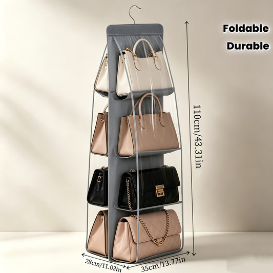 1pc Multi-Tier Handbag Organizer with 8 Pockets, Foldable Non-Woven Hanging Storage Rack, Space-Saving Closet Organizer for Handbags, Purses, And Additions, Durable Black And Gray Design