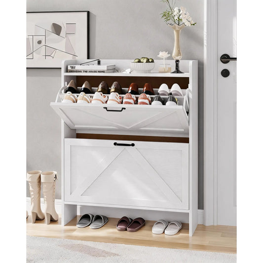 Slim Narrow Shoe Cabinet with 2 Turn over Drawers – Hidden Large Capacity Storage Organizer for Entryway or Hallway – Adjustable Shelf, Dustproof Freestanding Design, Sturdy MDF & Metal Legs, Modern Farmhouse & Industrial Style, Anti-Tip – Black or White
