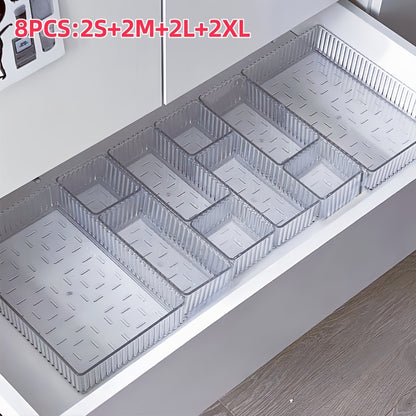 Office 4/8pcs Set of Transparent Plastic Cosmetic Storage Boxes, Desk Drawer Organizers, Desktop Divider Storage Boxes, Suitable for Makeup Storage, Stationery Storage, and Miscellaneous Item Storage