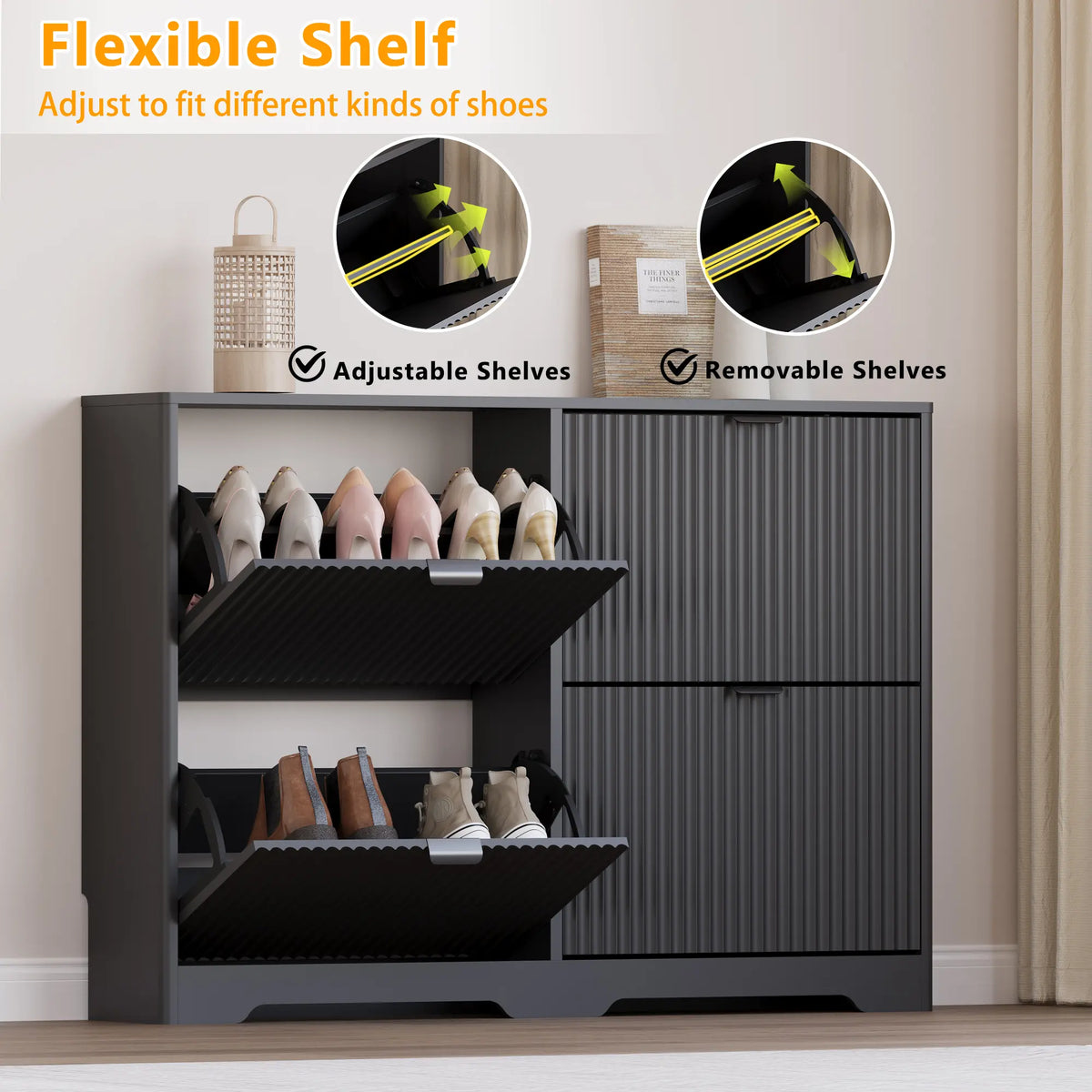 Shoe Cabinet Storage for Entryway with 4 Flip Drawers, Black Fluted Shoe Cabinet with Adjustable Shelves, Wooden Hidden Shoes Rack Freestanding Narrow Slim Shoes Storage for Hallway, Entrance ,dorm essentials,home decor