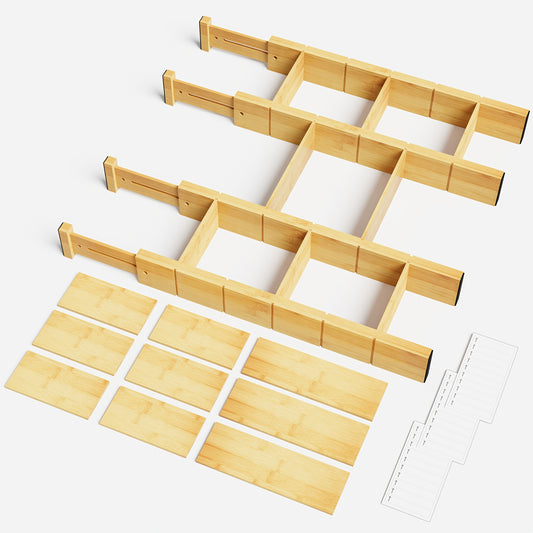 Kitchen 4 Dividers with 9 Inserts Bamboo Drawer Separators, Including Inserts And Tags, Adjustable Drawer Organizers, Extendable Organization for Home, Office, Dressers for Shop/Retail Store