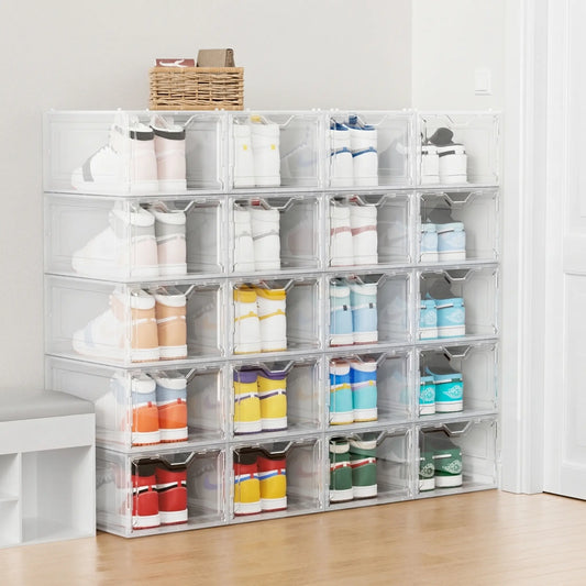 DELAMU 12-Pack Transparent Magnetic Shoe Storage Boxes, Stackable Waterproof Dustproof Organizer, Sturdy Thickened Acrylic, Easy Assembly, for Sneakers, Dorm Room, Bedroom, Shoe Rack Organizer