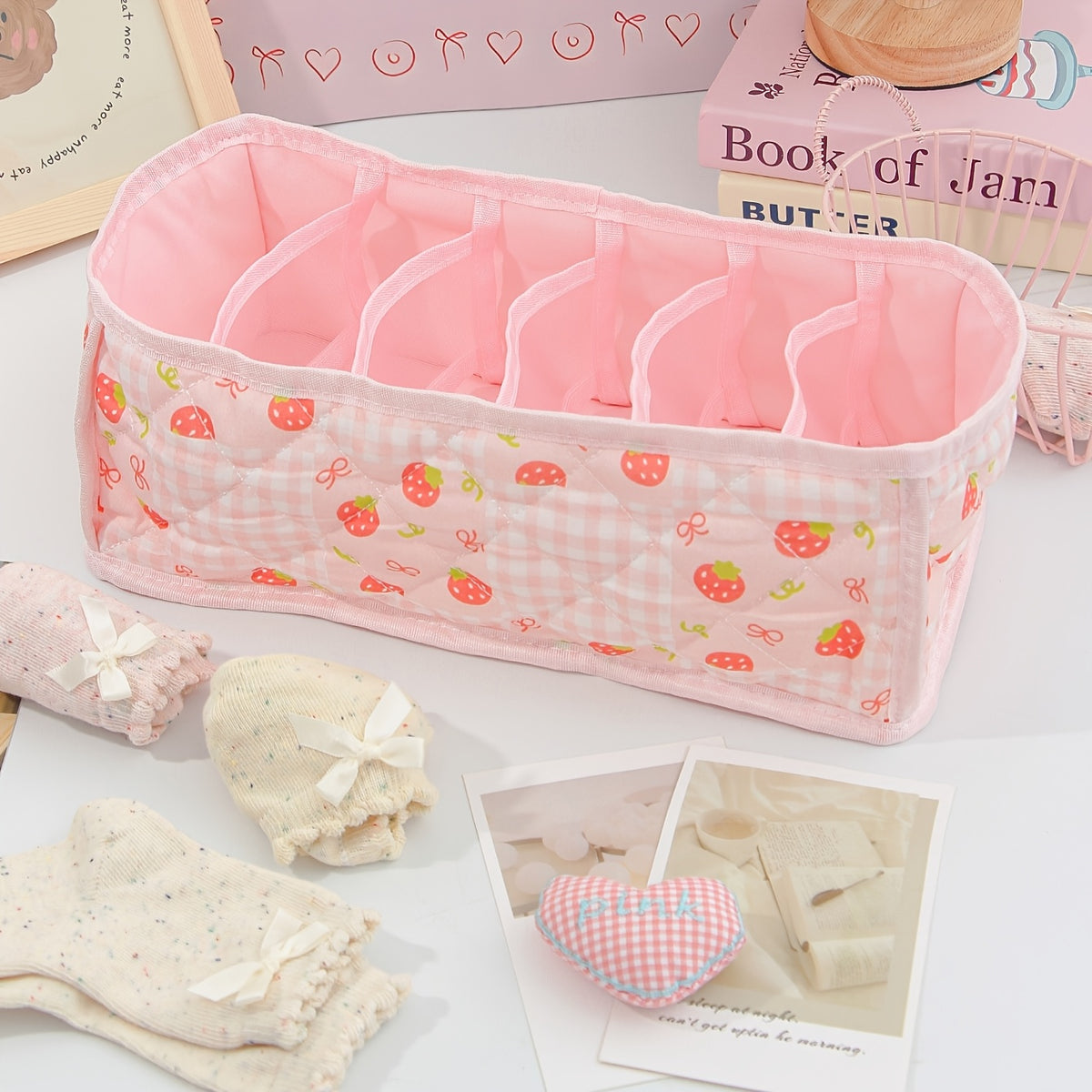 KINGKISS Cute Cartoon Storage Basket with Layered Dividers & Insertable Organizer - Suitable for Underwear, Socks, Clothing,, Snacks, Bra Organizer - Dorm Room Wardrobe Shelf Box, Space-Saving Organizer for And