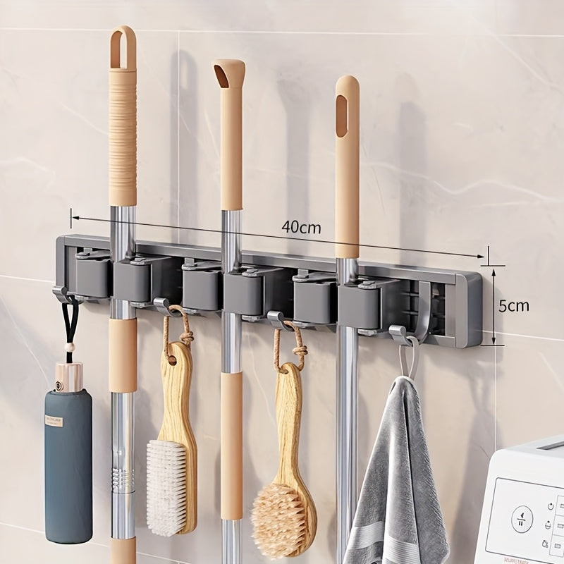 [Heavy-duty Adjustable Metal Mop Holder] Heavy-duty Golden Metal Mop And Broom Holder with Adjustable Hooks - Wall-mounted Organizer for Home, Kitchen, Garden, Laundry Room, Garage - Durable Tool And Equipment Storage Solution, Rack