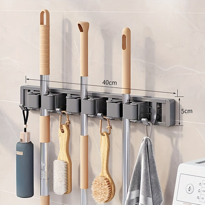 [Heavy-duty Adjustable Metal Mop Holder] Heavy-duty Golden Metal Mop And Broom Holder with Adjustable Hooks - Wall-mounted Organizer for Home, Kitchen, Garden, Laundry Room, Garage - Durable Tool And Equipment Storage Solution, Rack