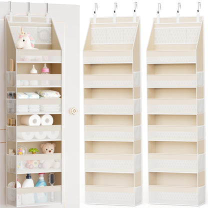 Criusia Over the Door Organizer, 6-Shelf Closet Hanging Storage with 13 Mesh Pockets, 55lbs Capacity Behind the Door Storage for Baby Nursery, Bathroom, Bedroom, and Dorm, Beige