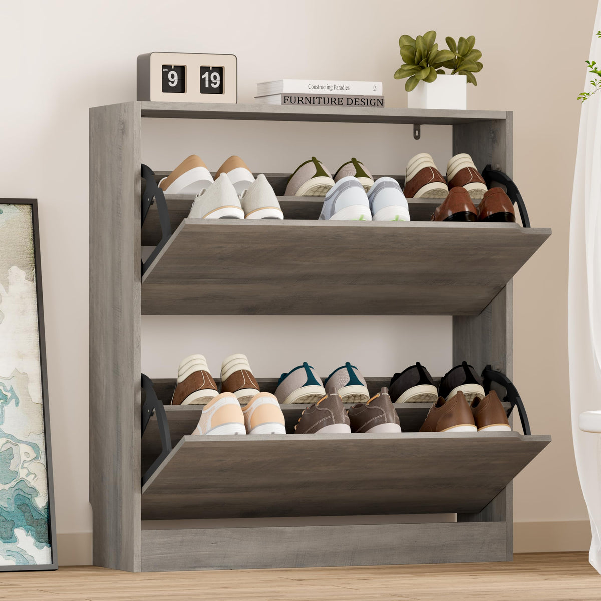 BORNOON Shoe Cabinet with 3 Flip Drawers, Hidden Wood Shoe Cabinet,Freestanding Shoe Storage Cabinet for Entryway Hallway.White. 47.2" H*31.5" W*9.45" D.