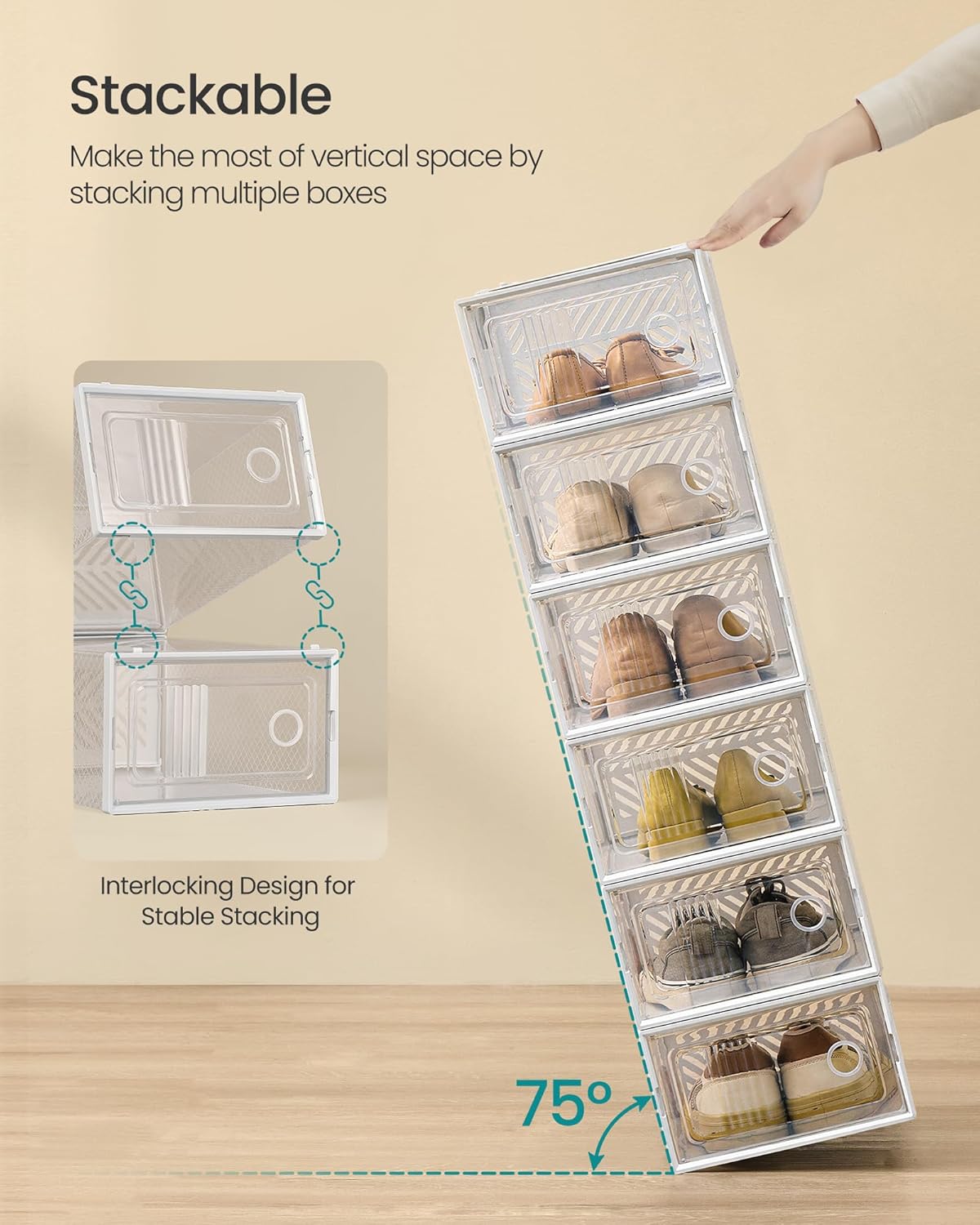 SONGMICS Stackable Shoe Boxes, Foldable, Ventilated Clear, Set of 18
