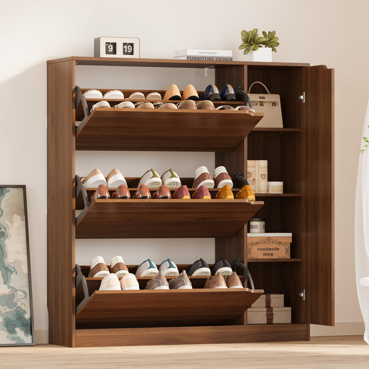 BORNOON Shoe Cabinet with 3 Flip Drawers, Hidden Wood Shoe Cabinet,Freestanding Shoe Storage Cabinet for Entryway Hallway.White. 47.2" H*31.5" W*9.45" D.