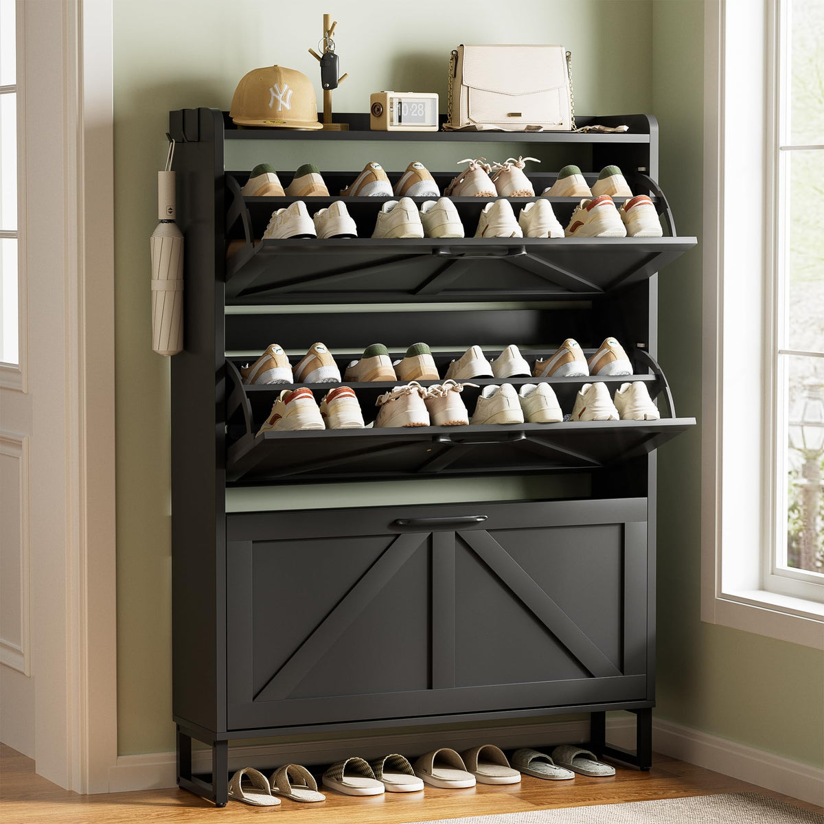 Urban Deco Shoe Storage Cabinet for Entryway, 2 Flip Drawers Shoe Organizer, Elegant 2-Tier Freestanding Shoe Cabinet with Anti-Tipping Design (White)