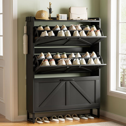 Urban Deco Shoe Storage Cabinet for Entryway, 2 Flip Drawers Shoe Organizer, Elegant 2-Tier Freestanding Shoe Cabinet with Anti-Tipping Design (White)