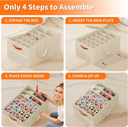 Aokeyee 2 Pack Shoe Organizer for Closet, Large Shoe Storage Box, Beige