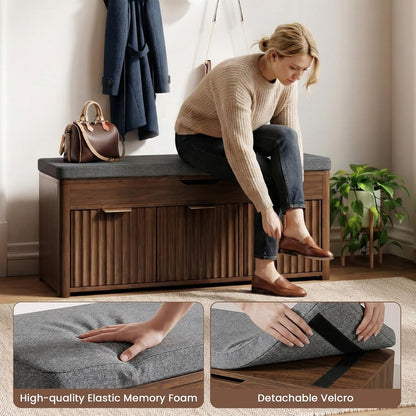 37.4" W Shoe Bench with Storage, Lift Top Entryway Bench, Walnut