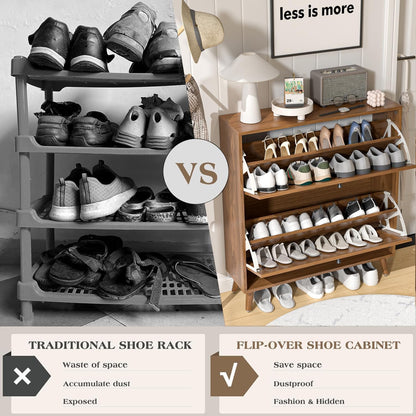 Fsbecl Shoe Storage Cabinet for Entryway with 2 Fluted Flip Drawers, Walnut