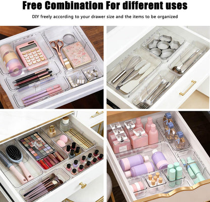 14 PCS Adjustable Clear Drawer Organizer Set - 3-Size Acrylic Storage Boxes for Makeup, Stationery, Kitchen Utensils, Tools & Bedroom Dresser Organization