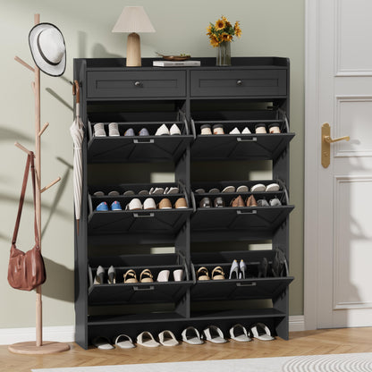 Thacuok Black Shoe Cabinet with 2 Flip Drawers & 2 Storage Drawers, Rustic Farmhouse Narrow Shoe Organizer Cabinet, Slim Shoe Rack Cabinet, Shoe Storage Cabinet for Entryway, Hallway