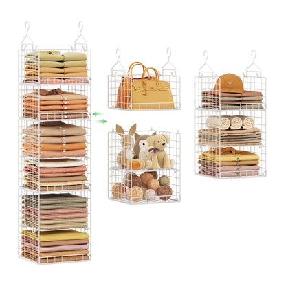Yuyetuyo 5 Tier Closet Hanging Organizer and Storage Separable Hanging Closet Shelves with 4 Hooks 2 Adjustable Dividers, Wire Storage Basket Bins for Clothing Sweaters Socks Dolls Handbags, Foldable