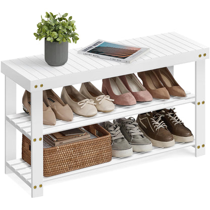 SONGMICS Shoe Rack Bench, 3-Tier Bamboo Entryway Bench, 27.6 Inches Width