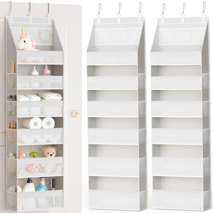 Criusia Over the Door Organizer, 6-Shelf Closet Hanging Storage with 13 Mesh Pockets, 55lbs Capacity Behind the Door Storage for Baby Nursery, Bathroom, Bedroom, and Dorm, Beige