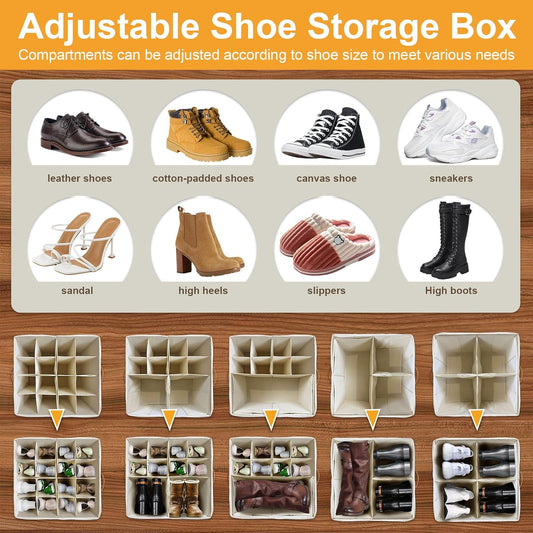 2 Pack Large Shoe Organizer for Closet, Adjustable Dividers Shoe Storage Bins Boxes, Foldable Shoe Holder Cube Containers with Clear Cover for Men’s Shoes, High Heel,Sneaker,Slippers,Boots(Beige)