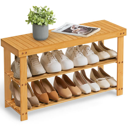 SONGMICS Shoe Rack Bench, 3-Tier Bamboo Entryway Bench, 27.6 Inches Width
