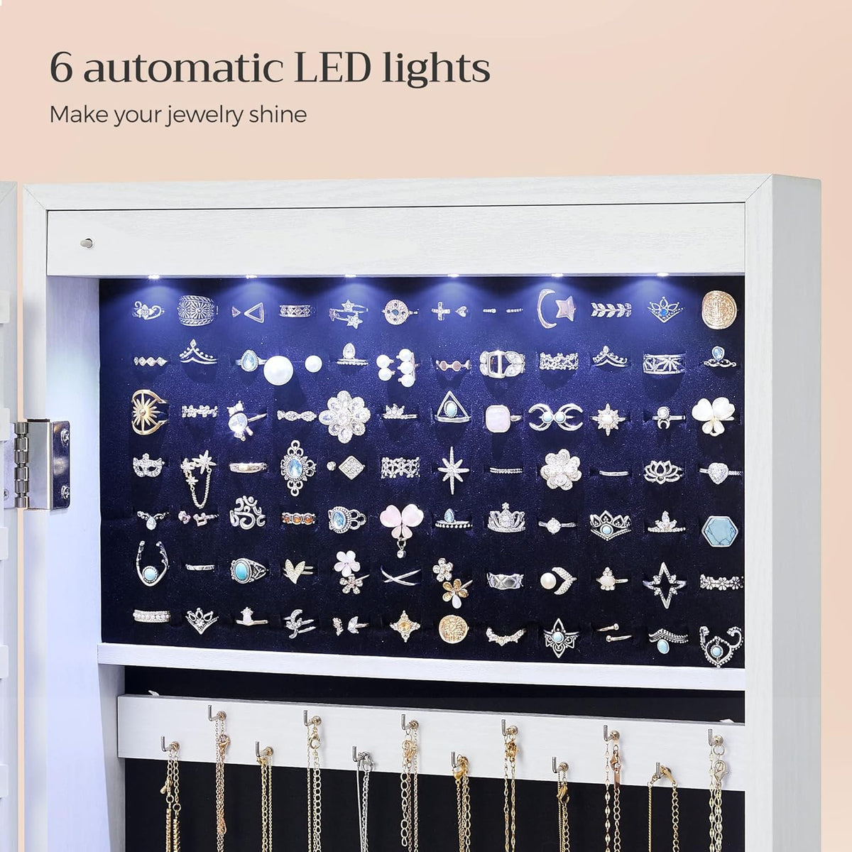 SONGMICS 6 LEDs Mirror Jewelry Cabinet, 47.2-Inch Tall Lockable Wall or Door Mounted Jewelry Armoire Organizer with Mirror, 2 Drawers, 3.9 x 14.6 x 47.2 Inches, White UJJC93W