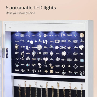 SONGMICS 6 LEDs Mirror Jewelry Cabinet, 47.2-Inch Tall Lockable Wall or Door Mounted Jewelry Armoire Organizer with Mirror, 2 Drawers, 3.9 x 14.6 x 47.2 Inches, White UJJC93W