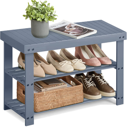 SONGMICS Shoe Rack Bench, 3-Tier Bamboo Entryway Bench, 27.6 Inches Width