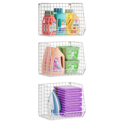 3-Tier Hanging Laundry Basket Organizer：Foldable Wire Shelf Laundry Room Organizer with 360°Rotating Hooks Small Space Solutions Closet Hanging Organizer - Laundry Organization, White Patent