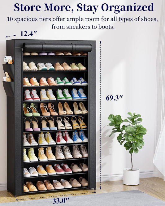 Kitsure 10-Tier Shoe Rack with Cover, Tall Shoe Shelf, 33" Wide, Black