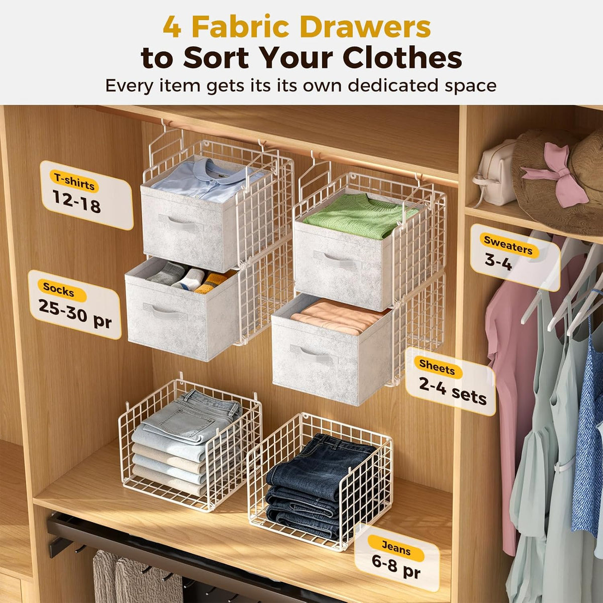 4 Tier Hanging Closet Organizer with 4 Drawers, White