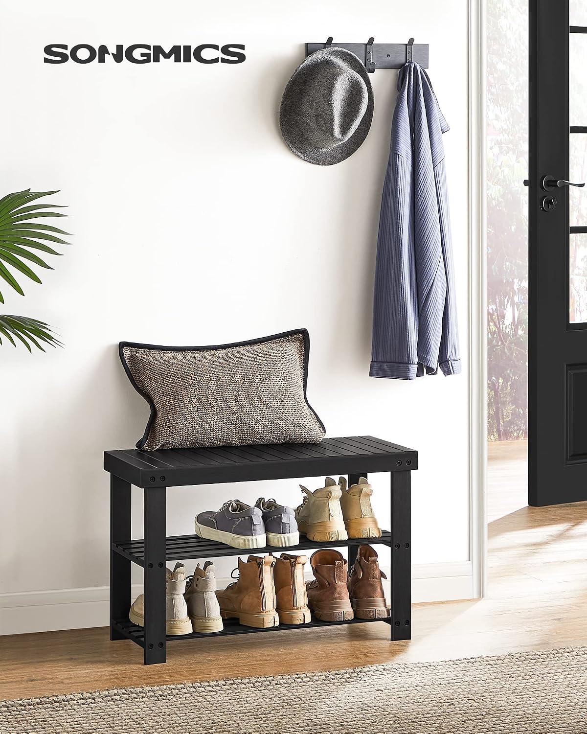 SONGMICS Shoe Rack Bench, 3-Tier Bamboo Entryway Bench, 27.6 Inches Width