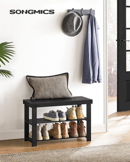 SONGMICS Shoe Rack Bench, 3-Tier Bamboo Entryway Bench, 27.6 Inches Width