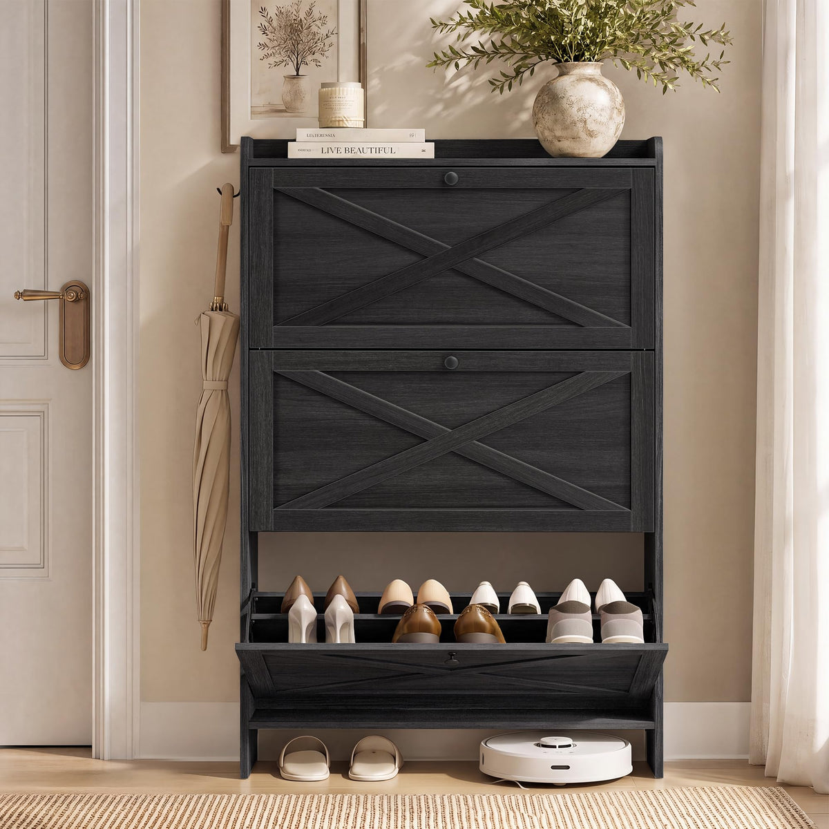VASAGLE Narrow Shoe Storage Cabinet Organizer with 2 Flip Drawers