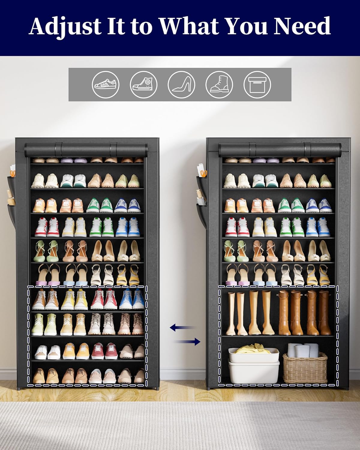 Kitsure 10-Tier Shoe Rack with Cover, Tall Shoe Shelf, 33" Wide, Black