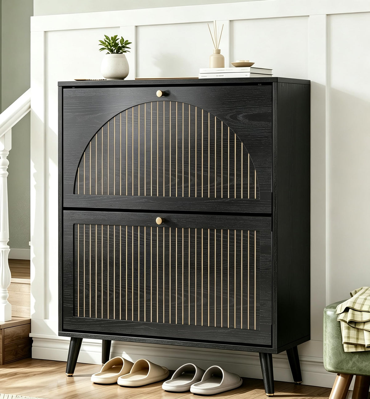 Fsbecl Shoe Storage Cabinet for Entryway with 2 Fluted Flip Drawers, Walnut