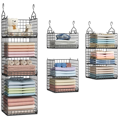 Yuyetuyo 5 Tier Closet Hanging Organizer and Storage Separable Hanging Closet Shelves with 4 Hooks 2 Adjustable Dividers, Wire Storage Basket Bins for Clothing Sweaters Socks Dolls Handbags, Foldable