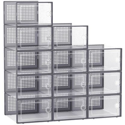 Kuject 12 Pack Large Shoe Boxes, Clear Stackable Containers with Lids,Black