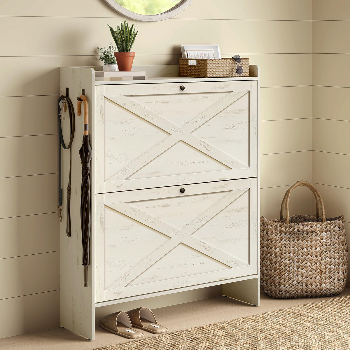 VASAGLE Narrow Shoe Storage Cabinet Organizer with 2 Flip Drawers