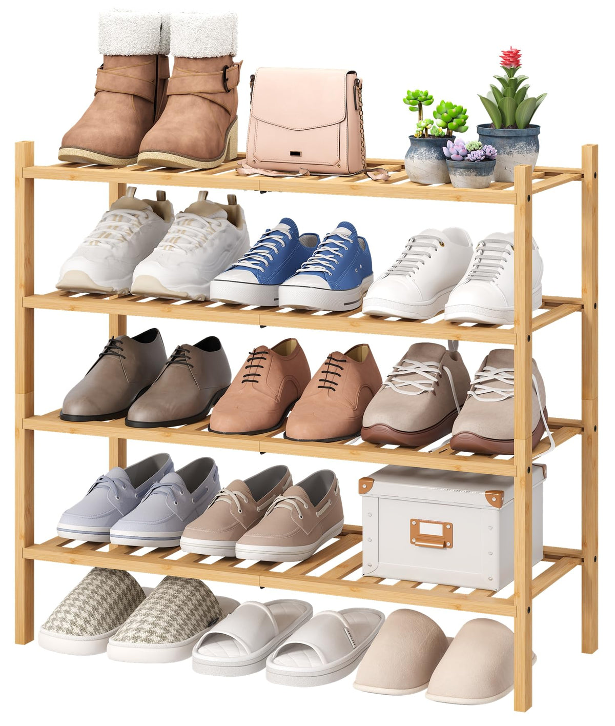 viewcare 4-Tier Bamboo Shoe Rack for Entryway, Stackable | Foldable | Natural, Shoe Organizer for Hallway Closet, Free Standing Shoe Racks for Indoor Outdoor
