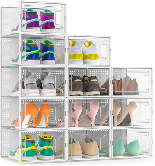 12 Pack Large Stackable Clear Plastic Shoe Storage Boxes Organizer, White