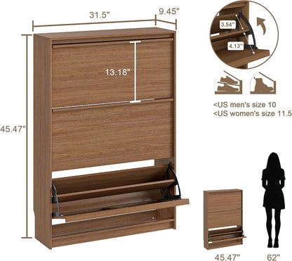 Shoe Cabinet with 3 Flip Drawers, 31.5" W Narrow Shoe Storage Cabinet for Entryway, Slim Shoe Organizer with Adjustable Shelves, Freestanding Shoe Rack for Hallway, Living Room, Walnut